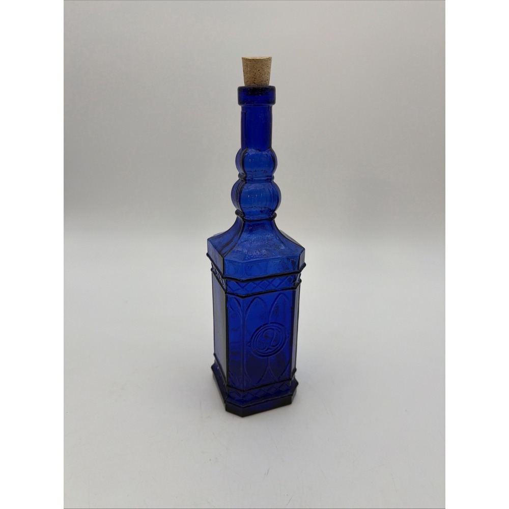 Vintage Cobalt Blue Glass Bottle Square Embossed Cathedral Design